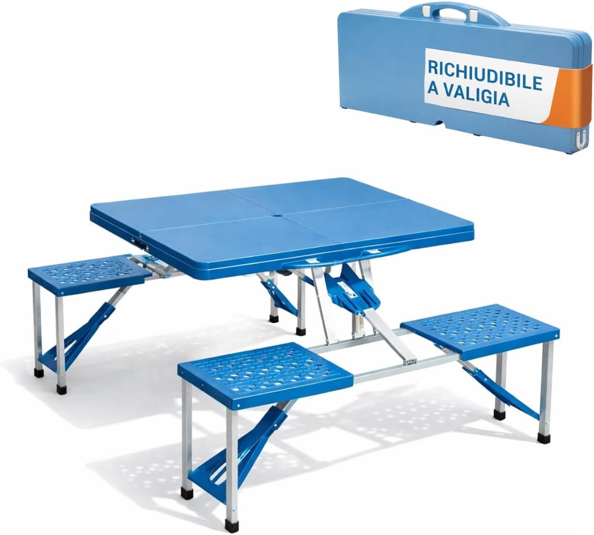 Tavolo pieghevole portatile azzurro con quattro sedute