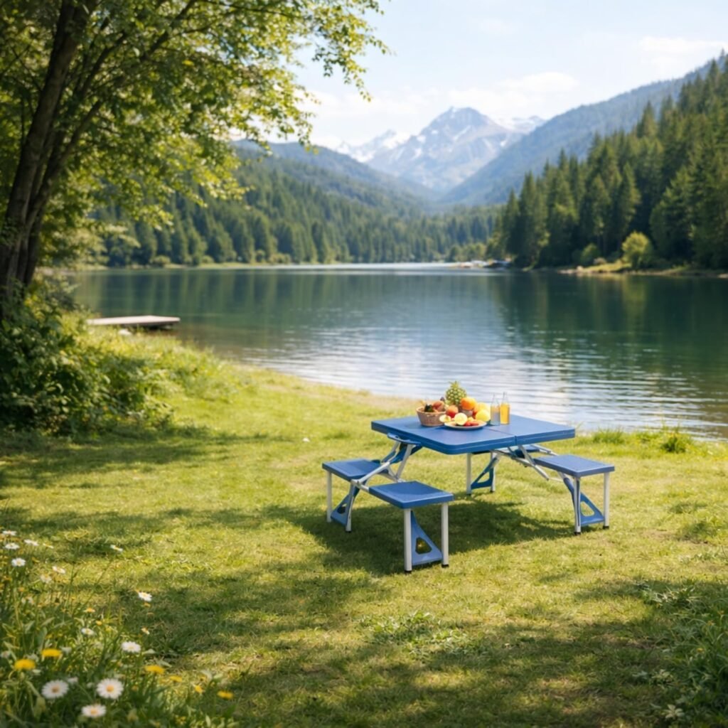 Tavolo richiudibile utilizzato all'aperto vicino a un lago