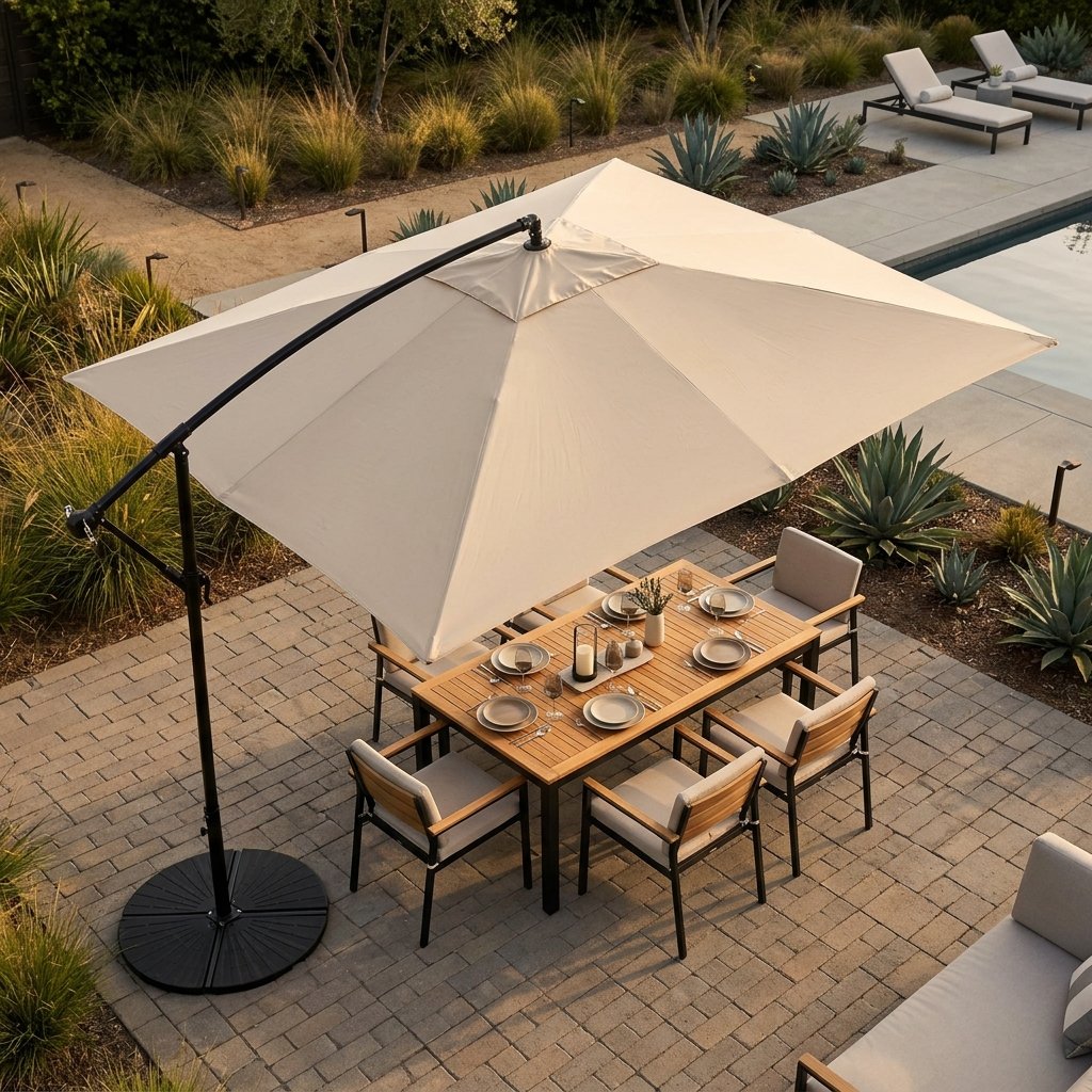 Area living con ombrellone in giardino