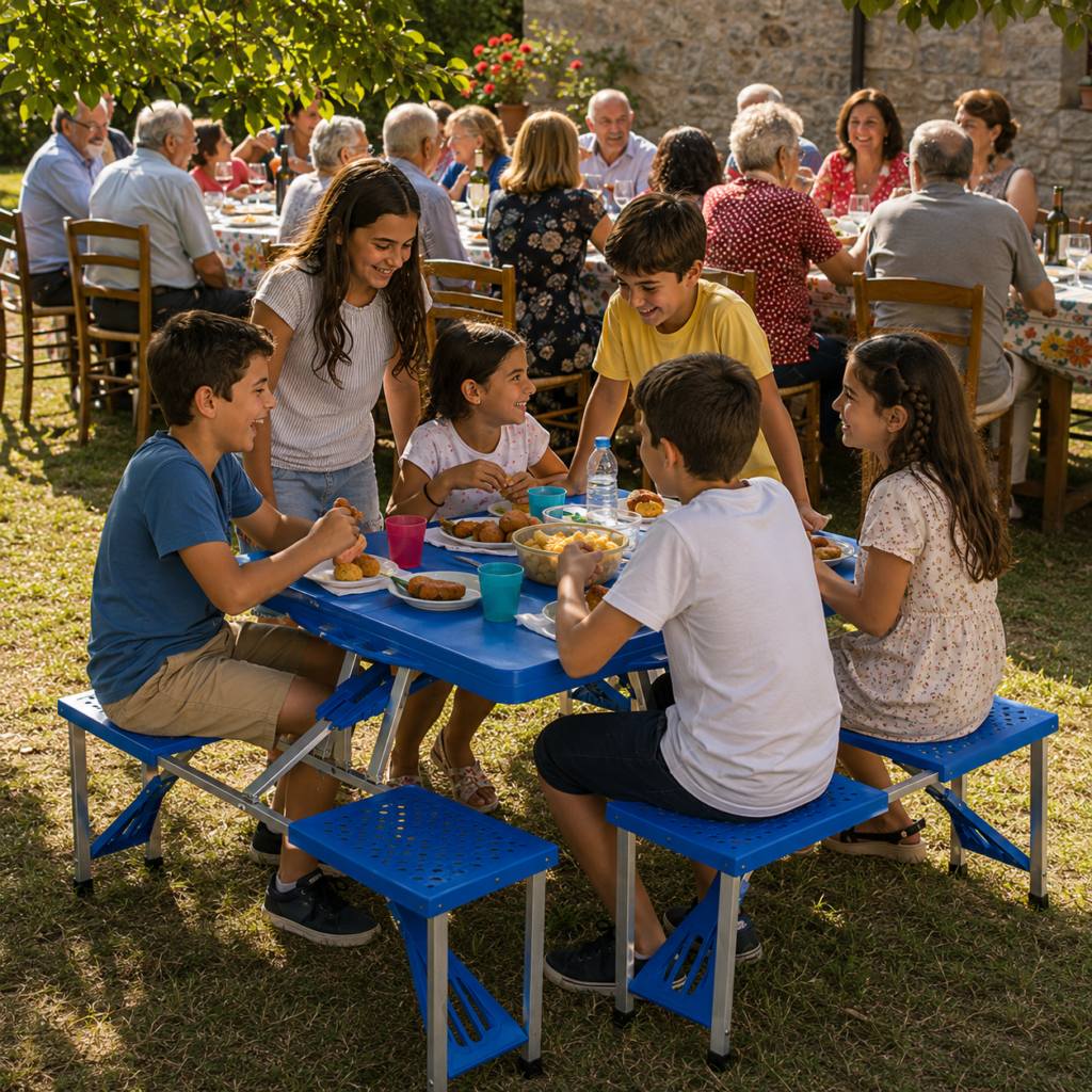Bambini riuniti al tavolo durante una festa in giardino