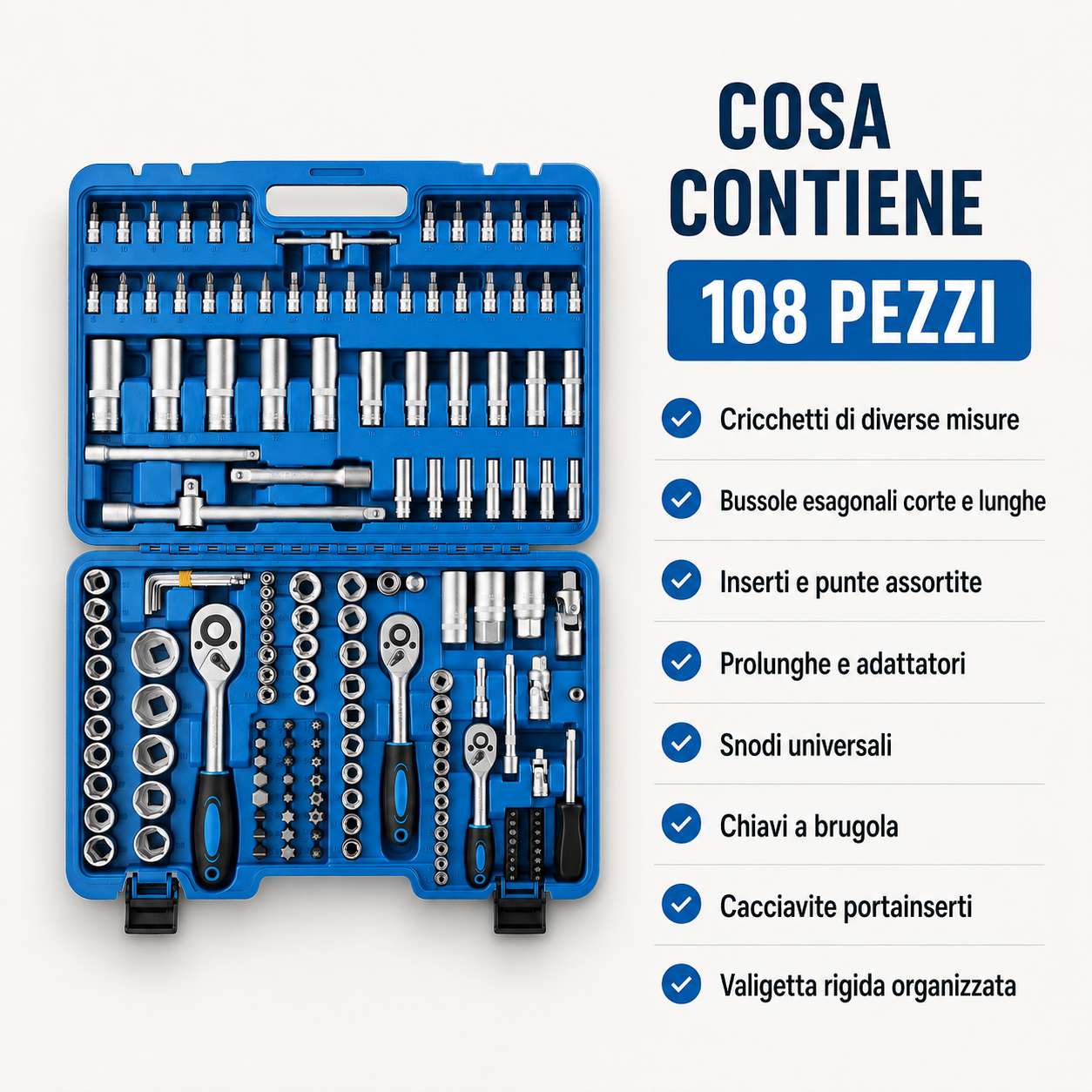 Contenuto della valigetta attrezzi da 108 pezzi