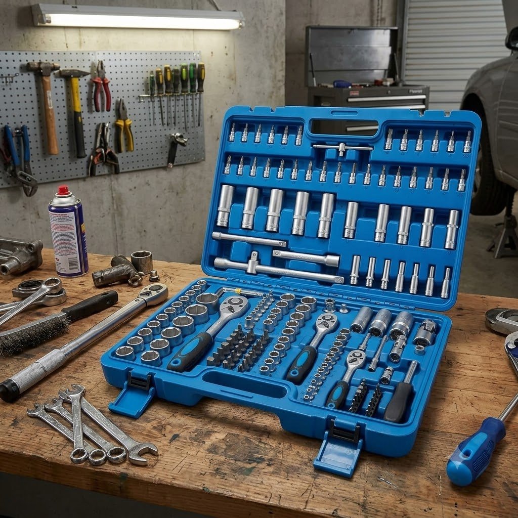 Valigetta attrezzi 108 pezzi ordinata in garage