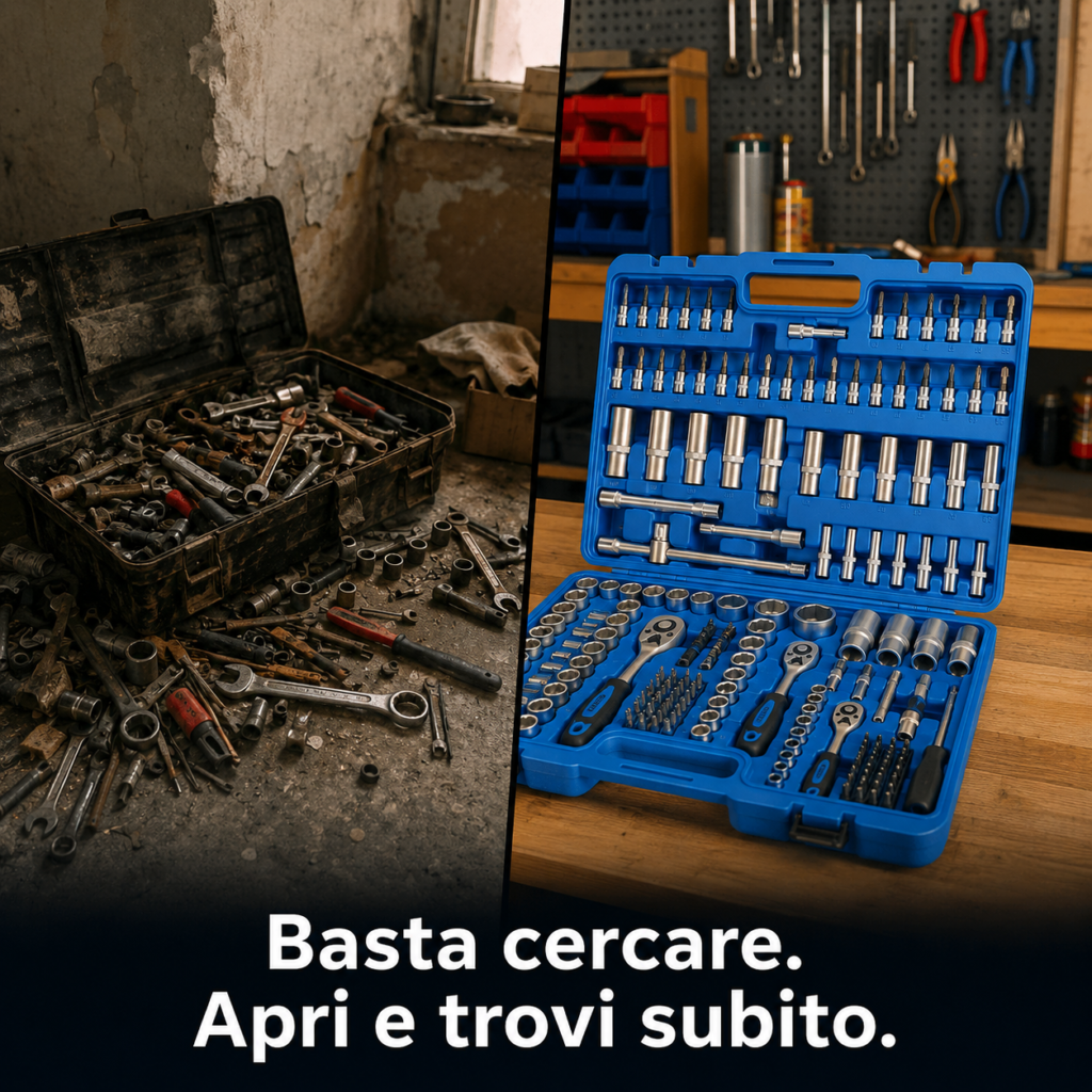 Confronto tra attrezzi disordinati e valigetta organizzata